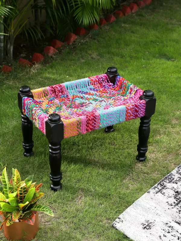 Wooden stool with colorful chindi weaving - Amoliconcepts