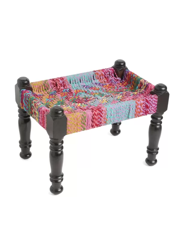 Wooden stool with colorful chindi weaving - Amoliconcepts