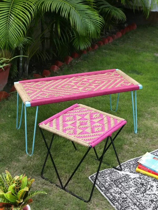 Iron bench with pink & jute weaving - Amoliconcepts