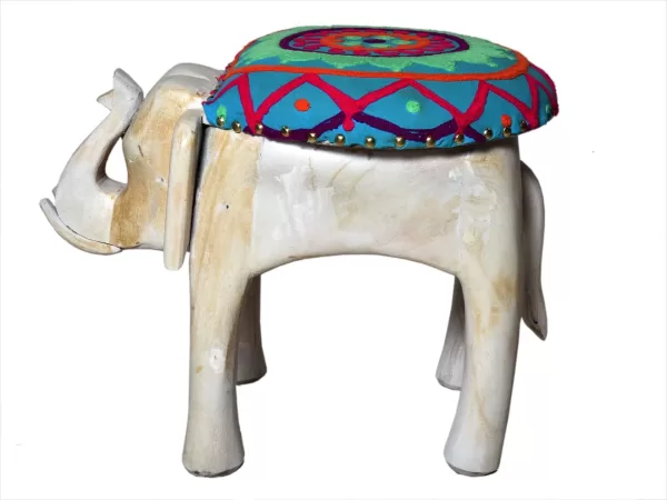 Elephant shape stool with embroidered cushioned top - Amoliconcepts