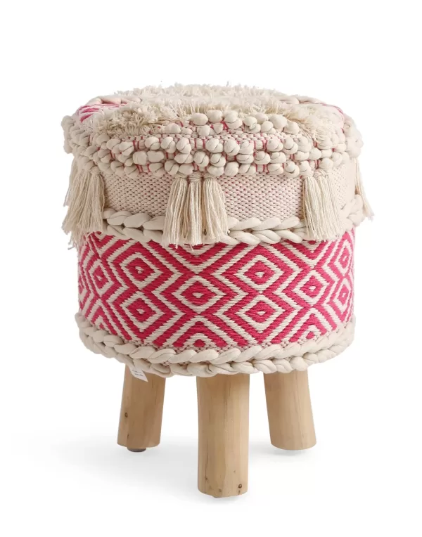 Ivory and Pink Pouf with Tassels - Amoliconcepts