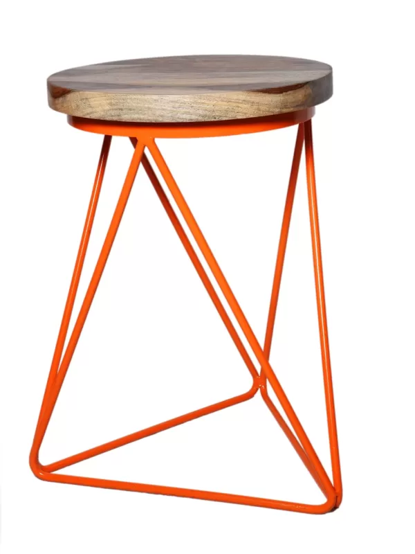 Iron stool with Sheesham wooden top with orange powder coated legs - Amoliconcepts