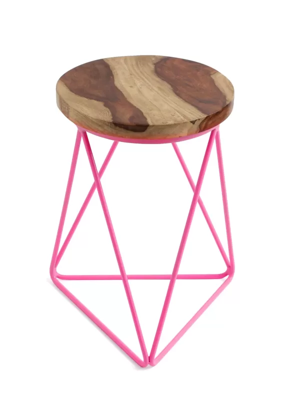 Iron stool with Sheesham wooden top with pink powder coated legs - Amoliconcepts