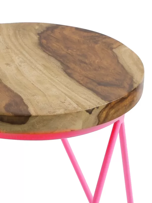 Iron stool with Sheesham wooden top with pink powder coated legs - Amoliconcepts