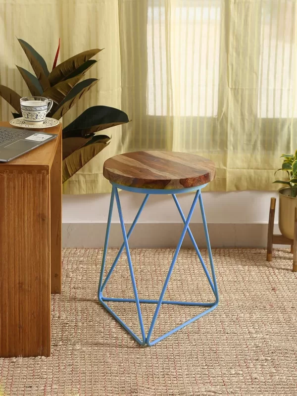 Iron stool with Sheesham wooden top with blue powder coated legs - Amoliconcepts