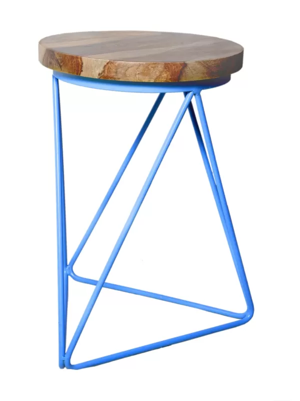 Iron stool with Sheesham wooden top with blue powder coated legs - Amoliconcepts
