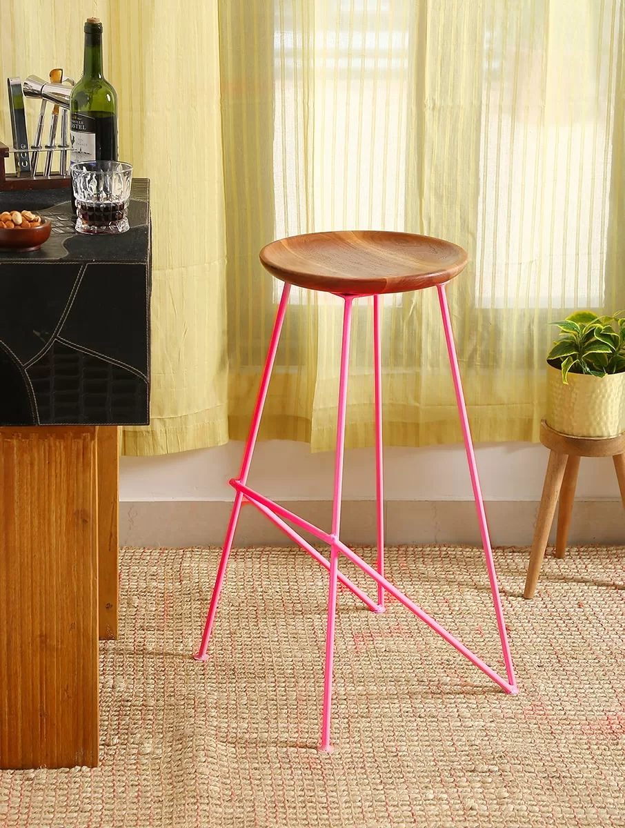 Iron stool with Acacia wooden top and pink colour legs