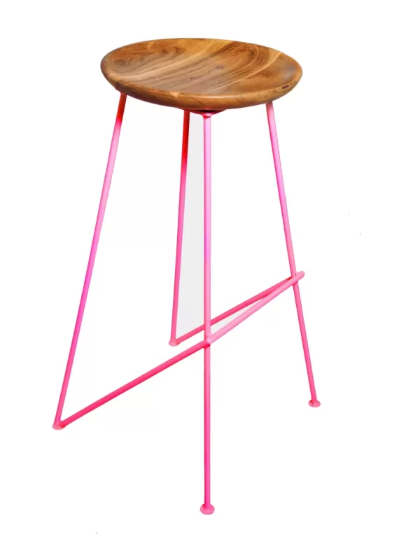Iron stool with Acacia wooden top and pink colour legs - Amoliconcepts
