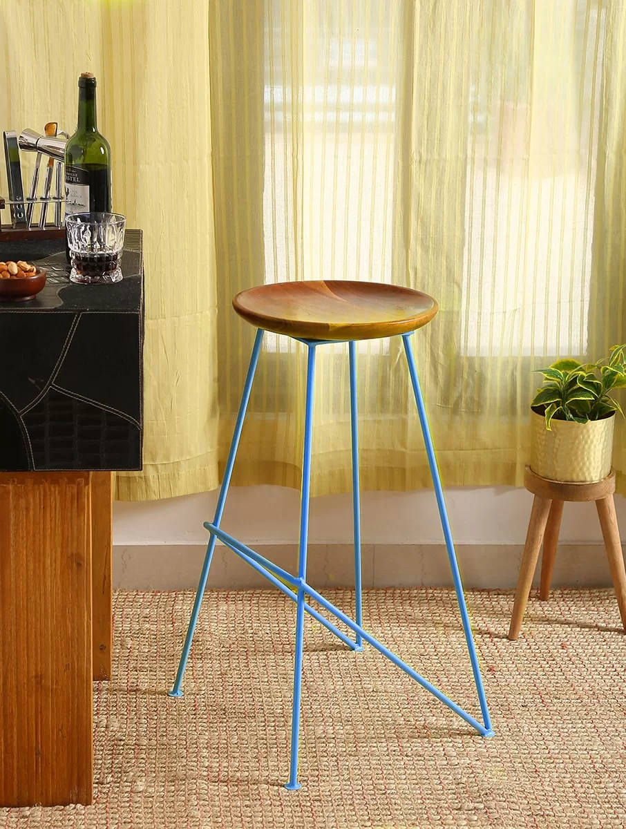 Iron stool with Acacia wooden top and blue colour legs