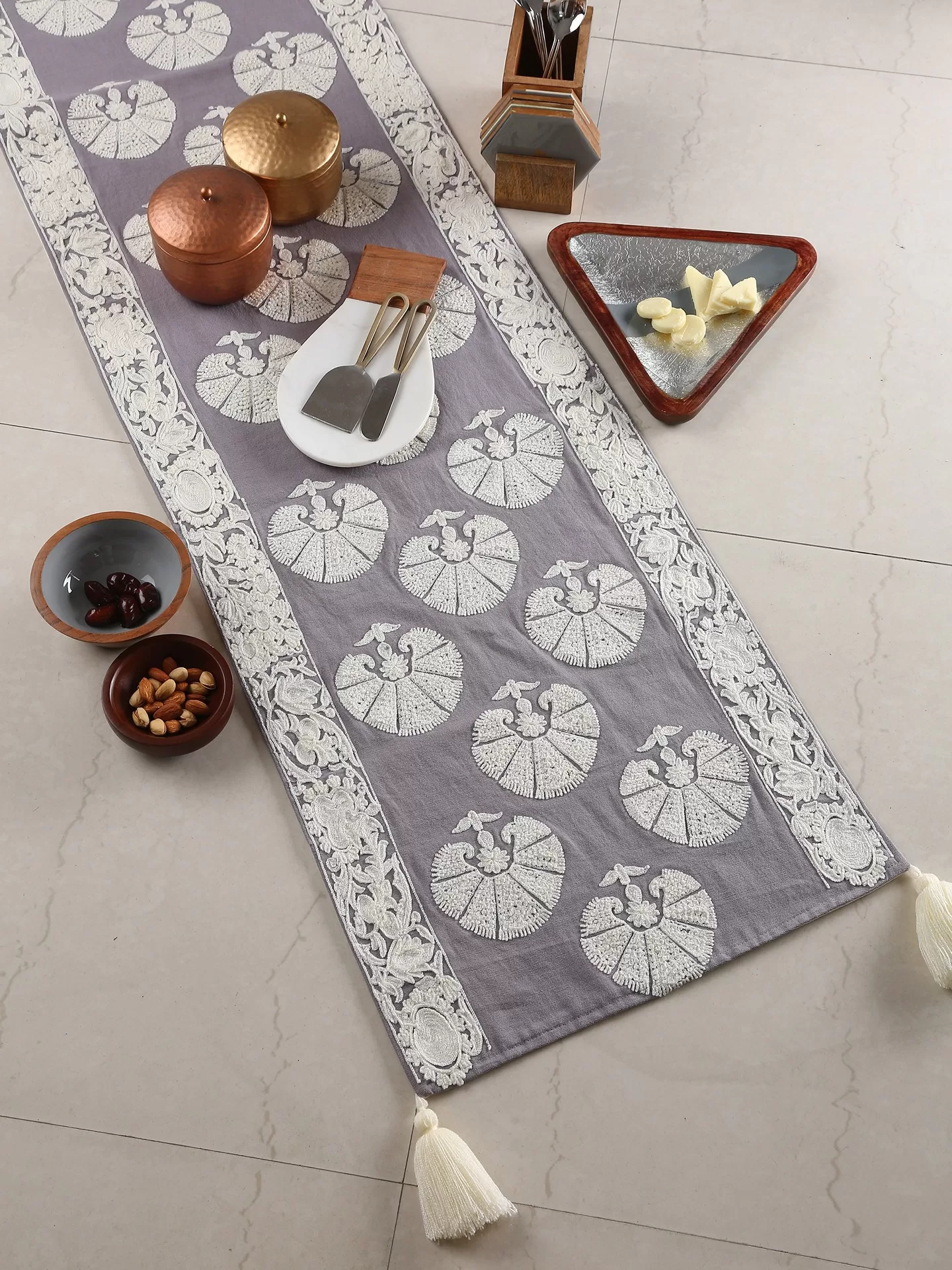 Moghul design table runner with grey embroidery - Amoliconcepts