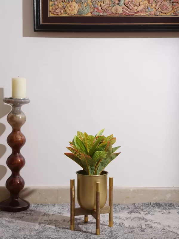 Metal planter on Wooden stand in Brass Finish - Amoliconcepts