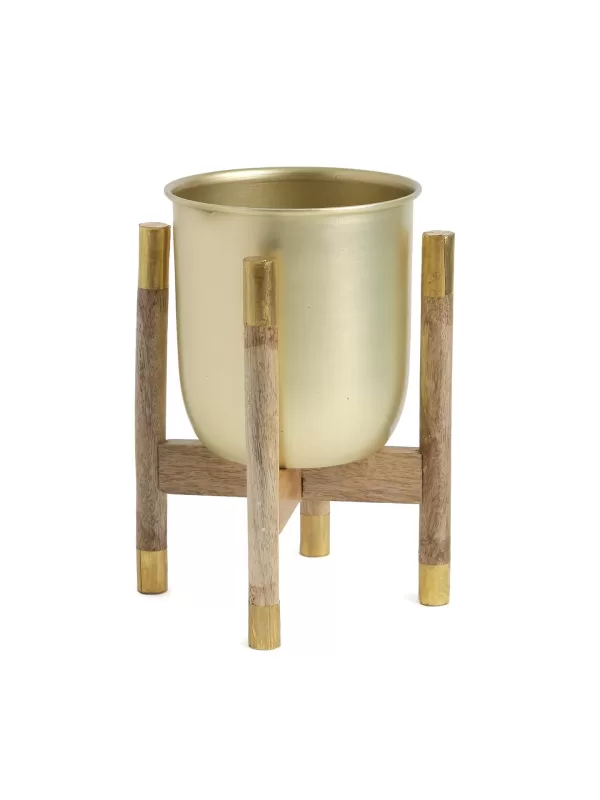 Metal planter on Wooden stand in Brass Finish - Amoliconcepts