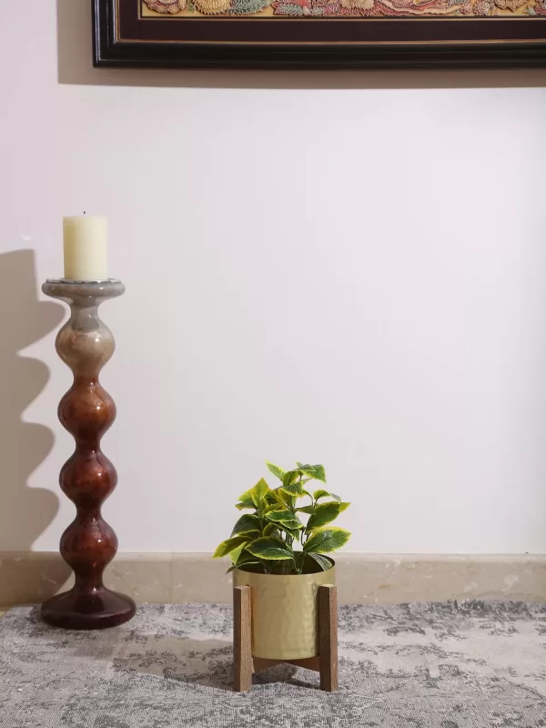 Brass Look Planter on Wooden Stand - Amoliconcepts