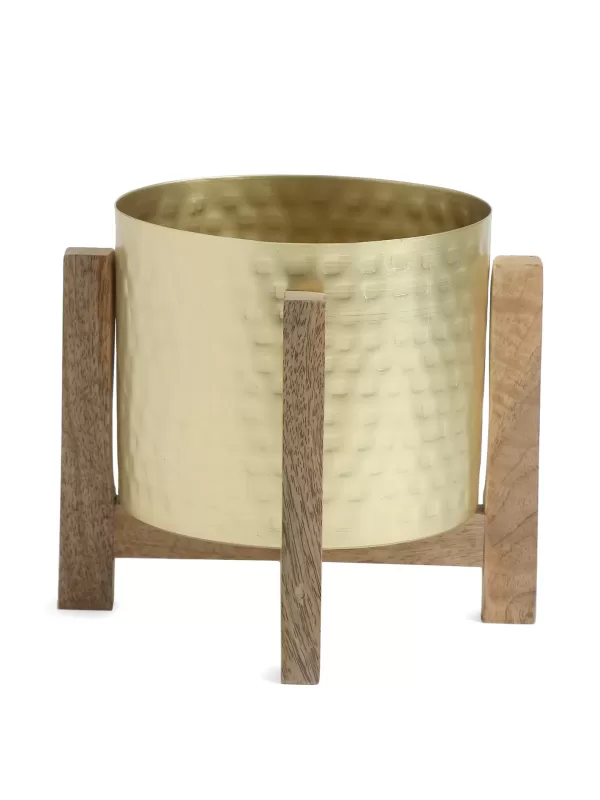 Brass Look Planter on Wooden Stand - Amoliconcepts