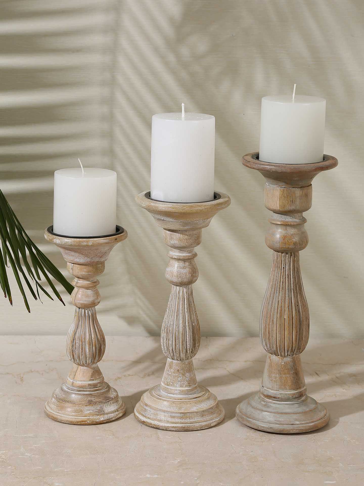 Shop Wooden Carved Pillar Candle Holders Set Of 3 - Amoliconcepts