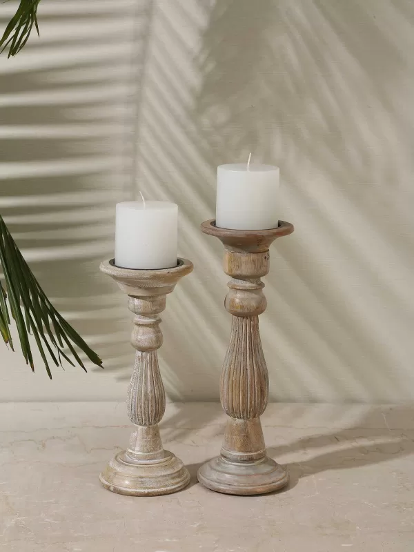 Wooden carved pillar candle holders set of 3 - Amoliconcepts