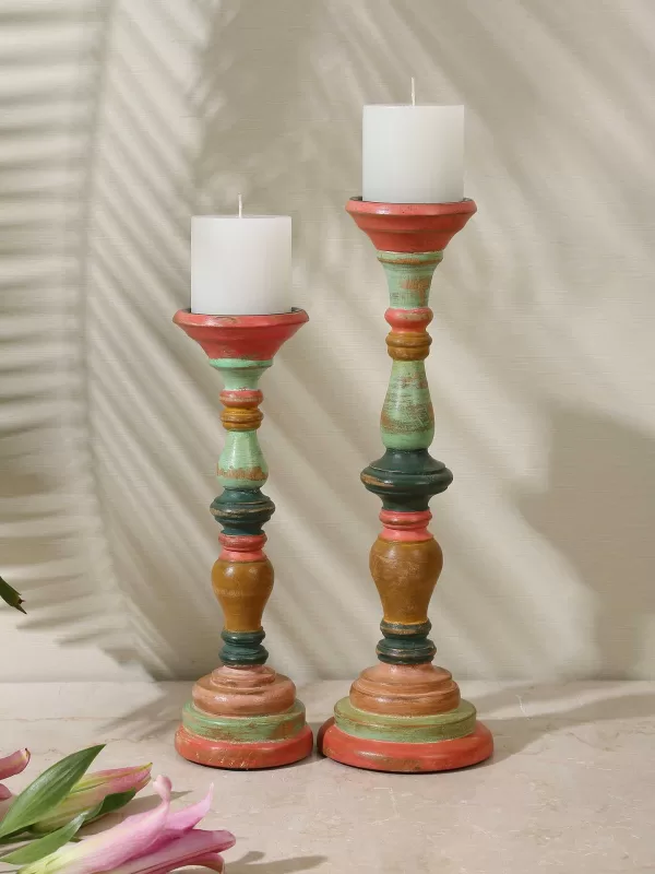 Multicolor Hand crafted wooden candle holder in distress finish-set of 2 - Amoliconcepts