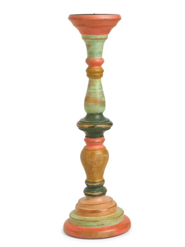 Multicolor Hand crafted wooden candle holder in distress finish-set of 2 - Amoliconcepts