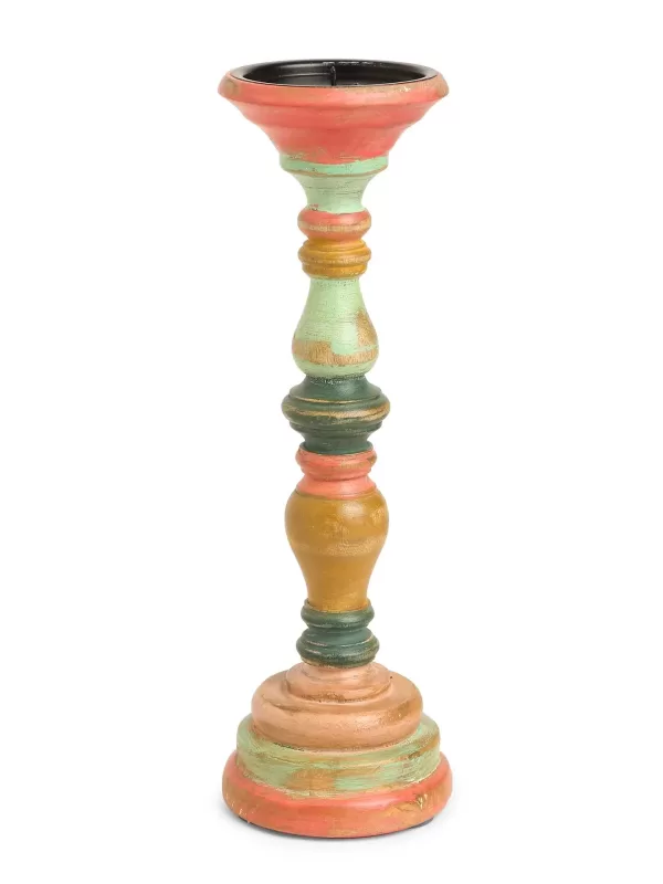 Multicolor Hand crafted wooden candle holder in distress finish- M - Amoliconcepts