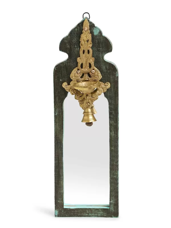 Distress Finish Mirror with Brass Bell Diya – Style 1 - Amoliconcepts