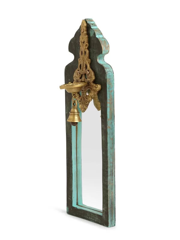 Distress Finish Mirror with Brass Bell Diya – Style 1 - Amoliconcepts