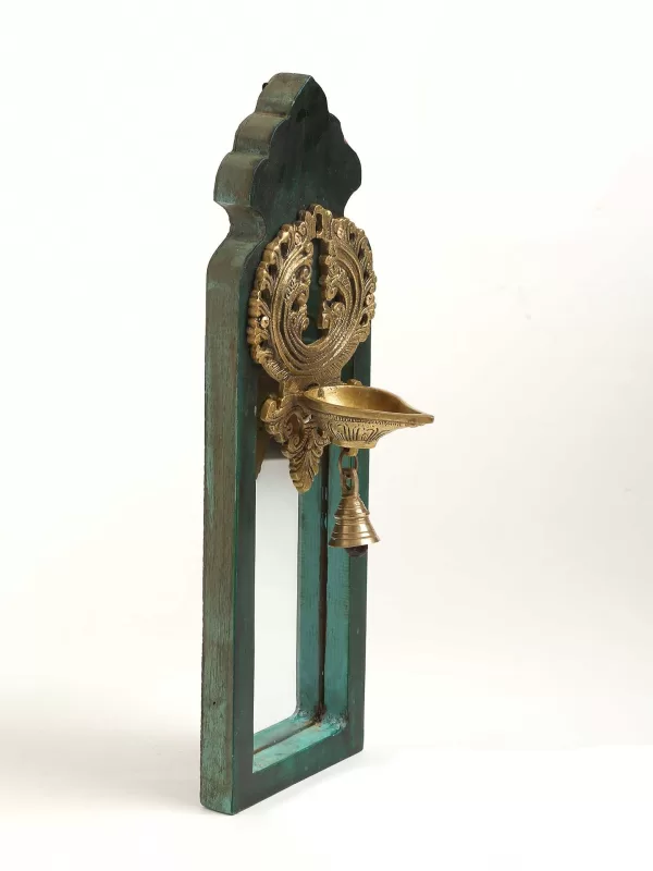 Distress Finish Mirror with Brass Bell Diya – Style 2 - Amoliconcepts
