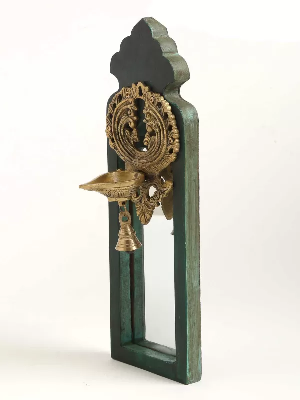 Distress Finish Mirror with Brass Bell Diya – Style 2 - Amoliconcepts