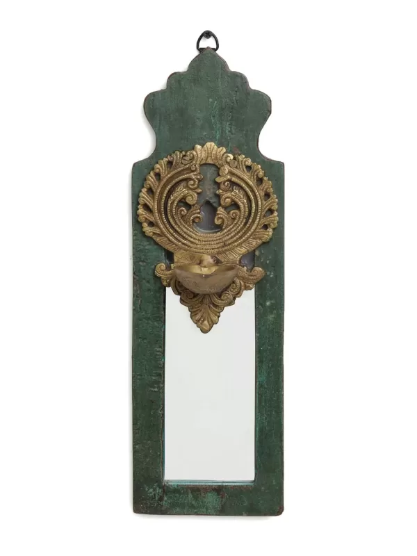 Distress Finish Mirror with Brass Bell Diya – Style 3 - Amoliconcepts