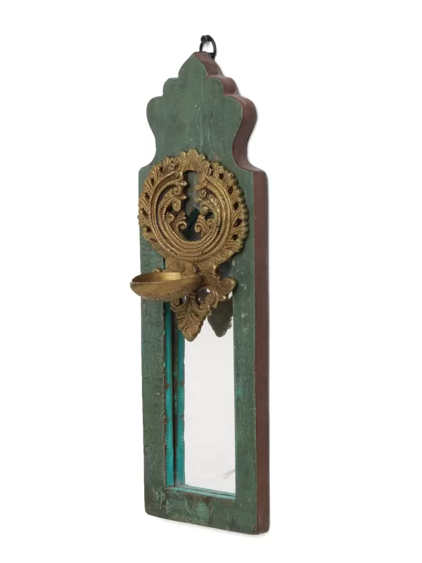 Distress Finish Mirror with Brass Bell Diya – Style 3 - Amoliconcepts
