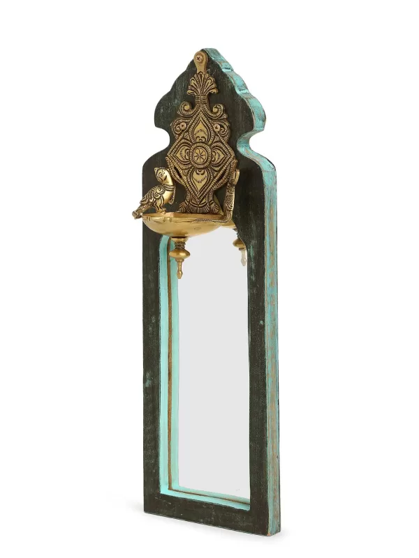 Distress Finish Mirror with Brass Diya Style 4 - Amoliconcepts