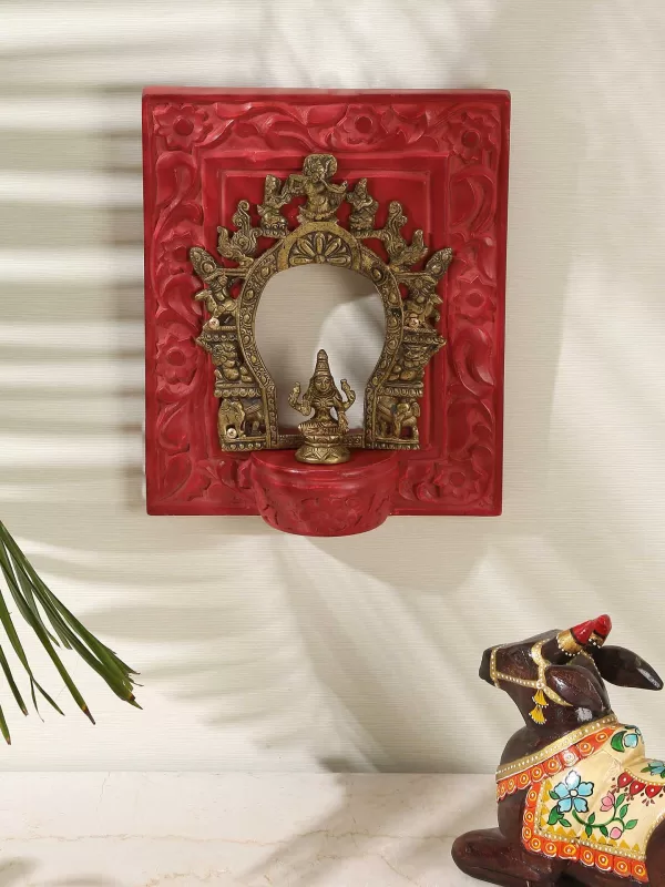 Carved Wall Frame with Brass Prabhavali – Coral Red - Amoliconcepts