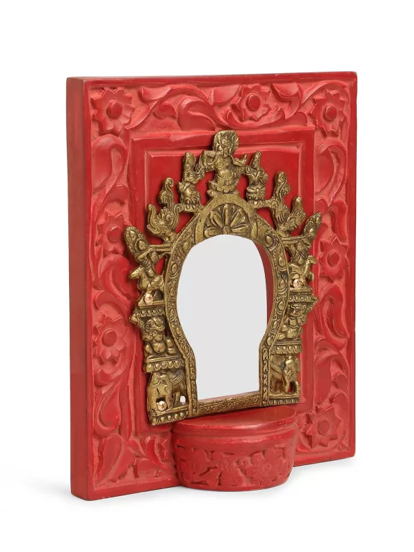 Carved Wall Frame with Brass Prabhavali – Coral Red - Amoliconcepts