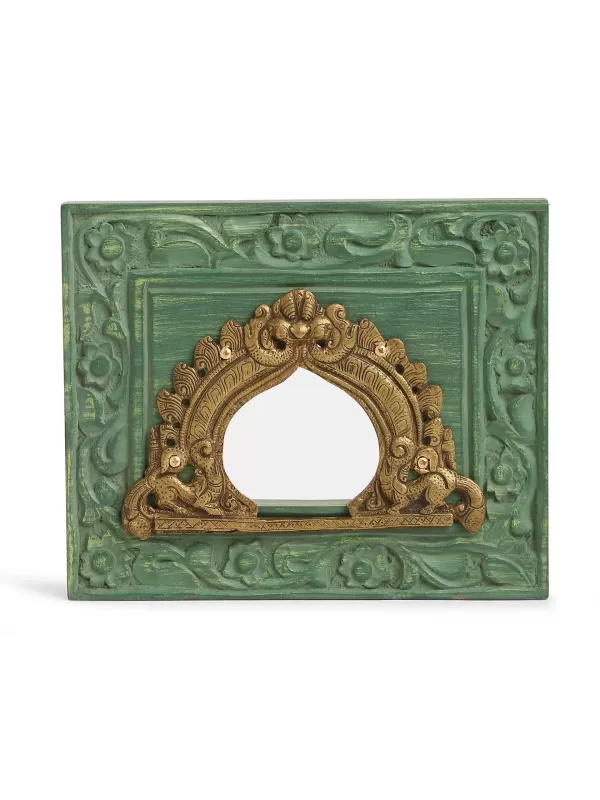 Carved Wall Frame with Brass Prabhavali – Olive Green - Amoliconcepts