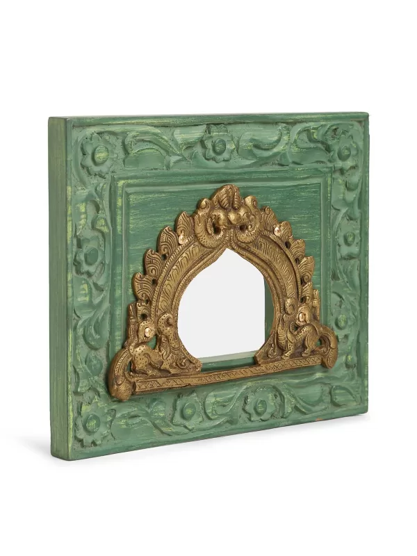 Carved Wall Frame with Brass Prabhavali – Olive Green - Amoliconcepts
