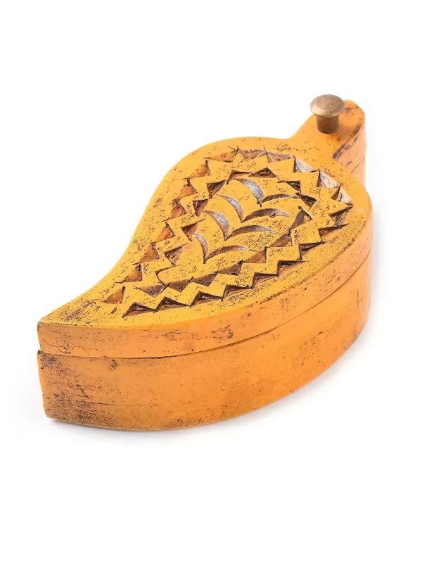 Hand Carved Yellow Antique finish Wooden box - Amoliconcepts
