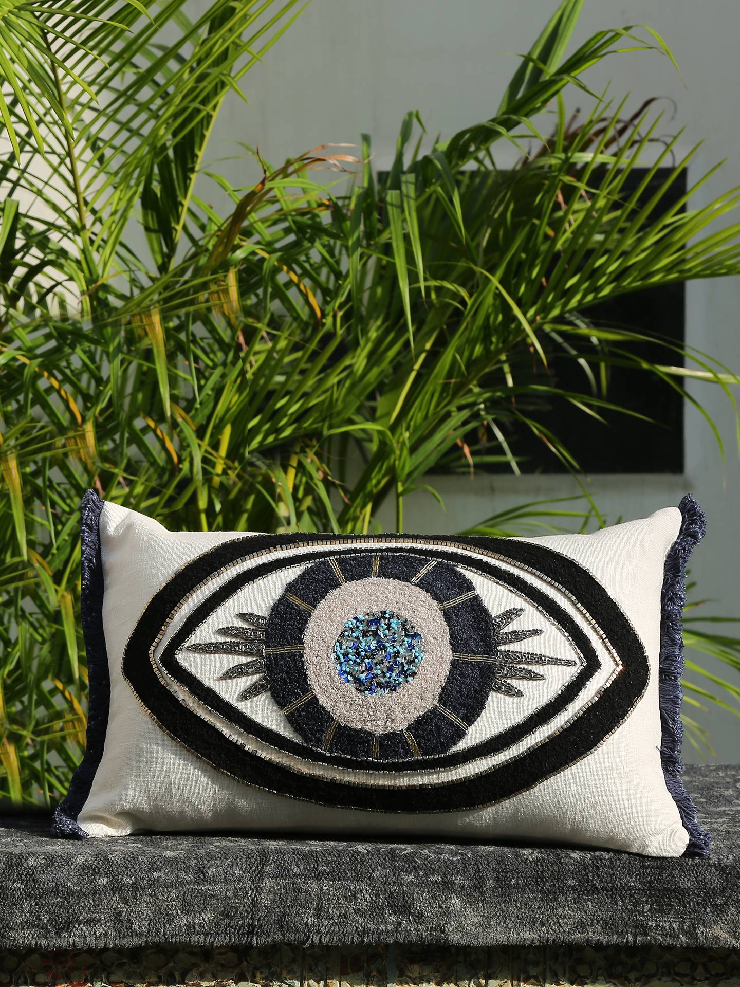 Embillished evil eye cushion cover rectangle - Amoliconcepts