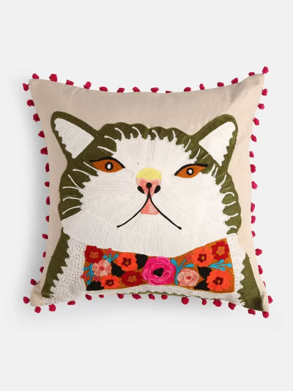 Cat with a bow embroidered cushion cover - Amoliconcepts