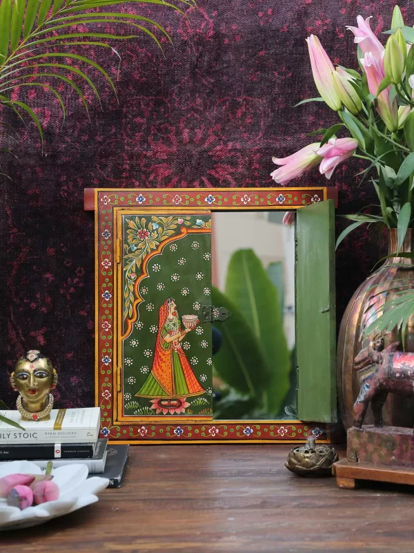 Wooden Multicolor handpainted Radha Krishna  2 door window panel with mirror - Amoliconcepts