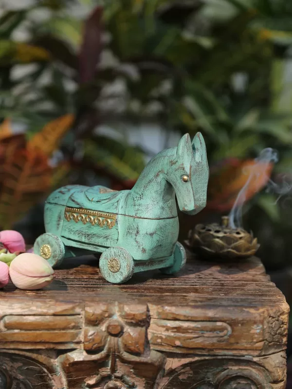 Wooden distressed Horse on wheels with Storage for Trinkets - Amoliconcepts