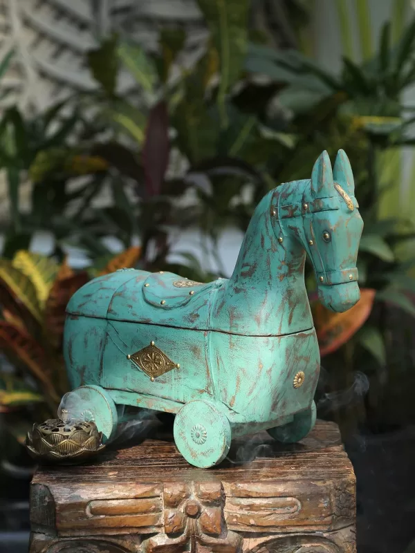 Wooden distressed Horse on wheels with Storage for Trinkets - Amoliconcepts