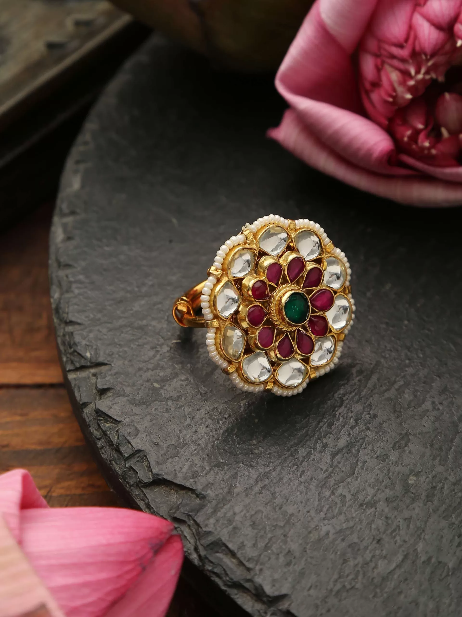 Amazon.com: Red Kundan 2 Finger Ring Linked With Pearl Chain Adjustable  Double Rings Teardrop White Kundan Flower Ethnic Fashion Jewelry  Contemporary Handmade Unique Traditional Jewelry Indian Designer : Handmade  Products