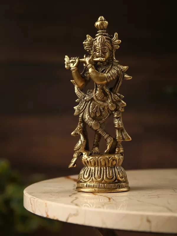 Brass Krishna Idol playing flute - Amoliconcepts