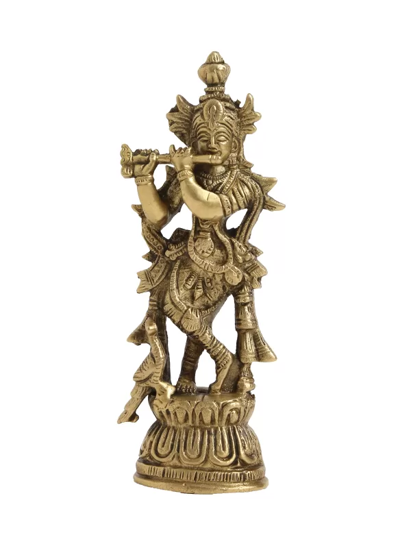 Brass Krishna Idol playing flute - Amoliconcepts