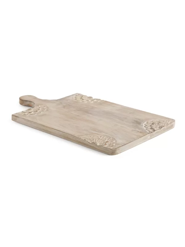 Cheese Board cum platter with carved flower detail in whitewash finish - Amoliconcepts