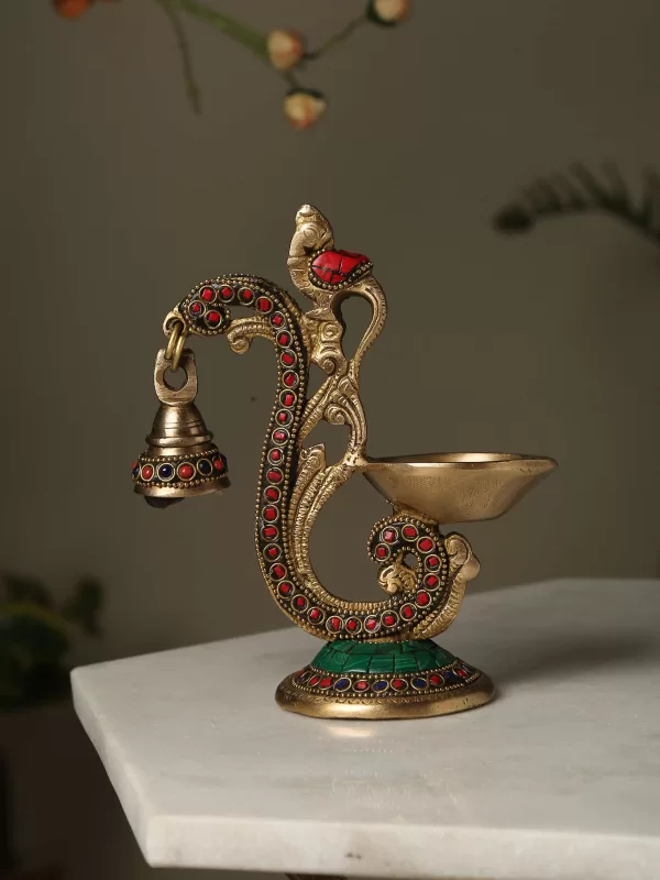 Brass Bird Lamp with Bell and stones - Amoliconcepts