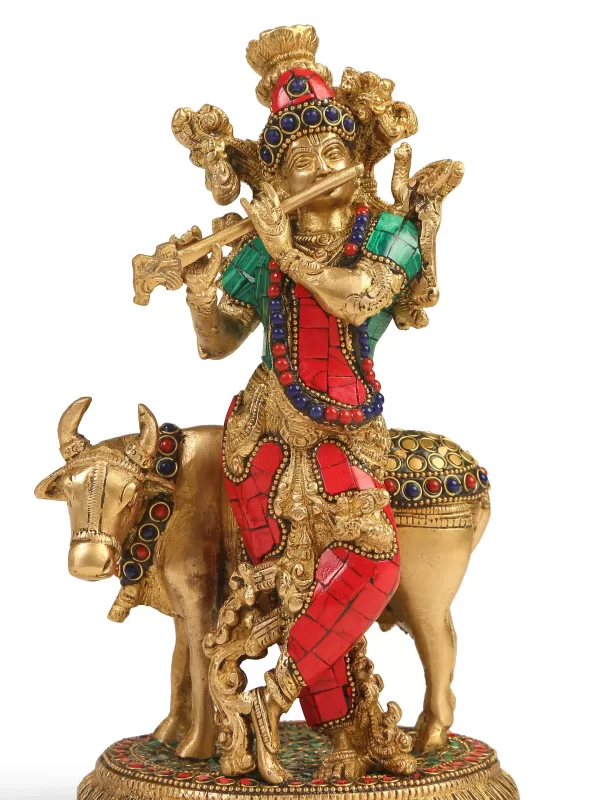 Krishna with Cow in Stone Work - Amoliconcepts