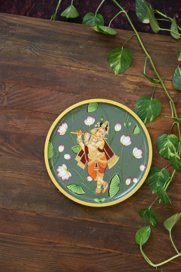 Krishna with lotus flower Wall plates - Amoliconcepts